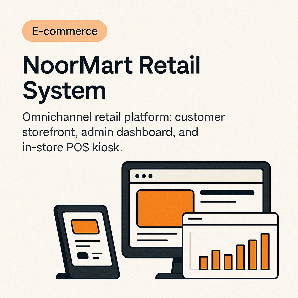 NoorMart Retail System - Omnichannel retail platform: customer storefront, admin dashboard, and in‑store POS kiosk.