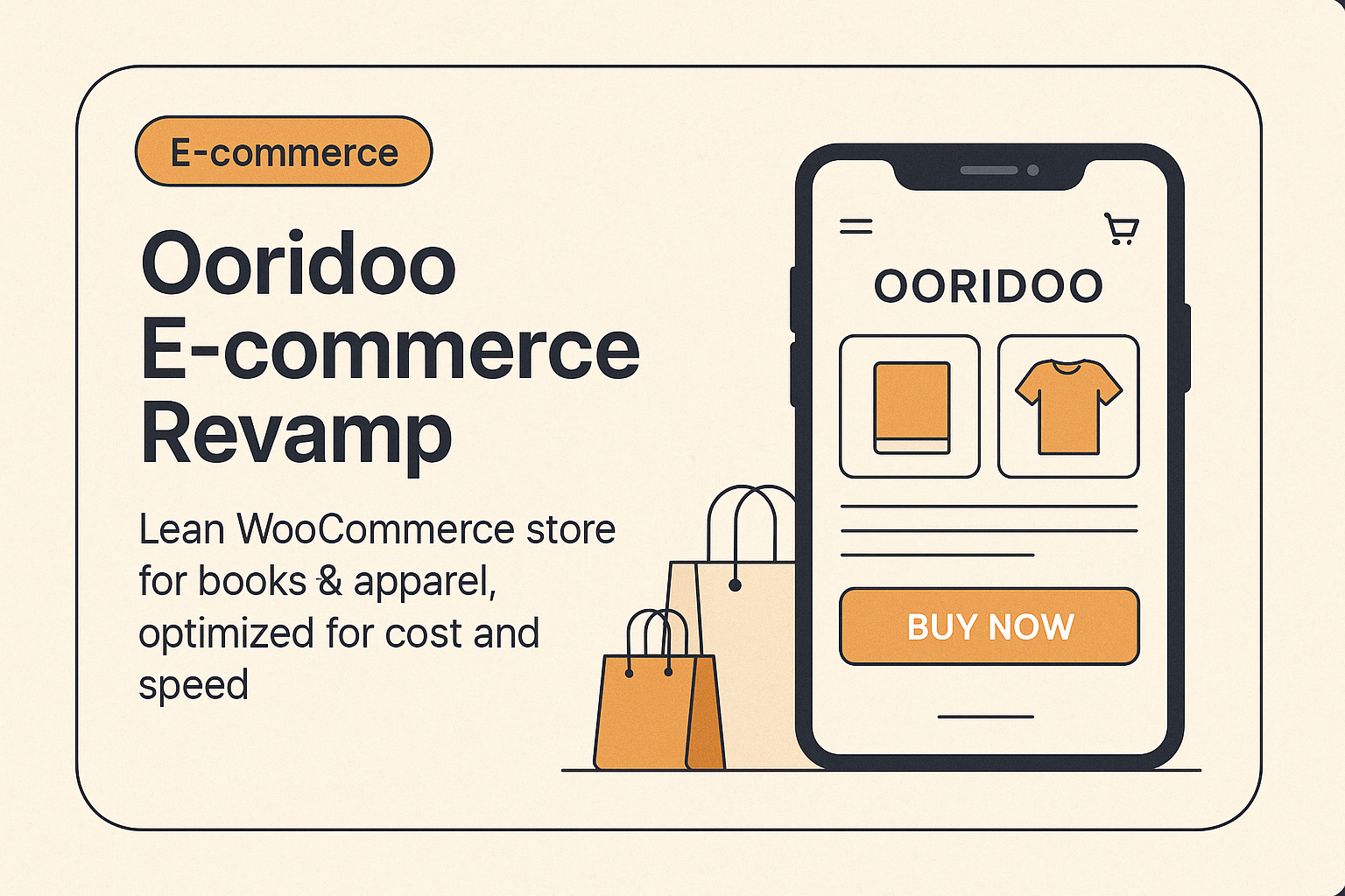 Ooridoo E‑commerce Revamp - Lean WooCommerce store for books & apparel, optimized for cost and speed.